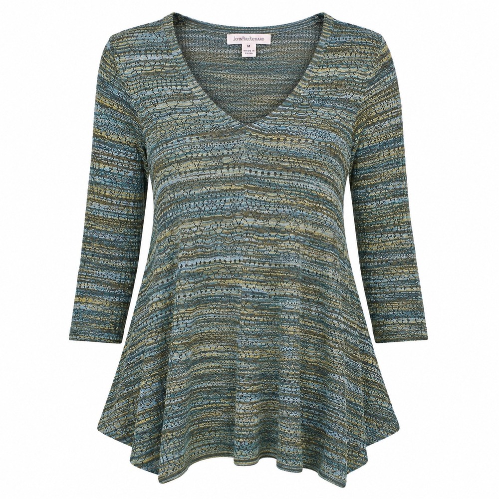 John Paul Richard Tunic Women Medium Blue Green Gold Space Dye Pointelle V-Neck
